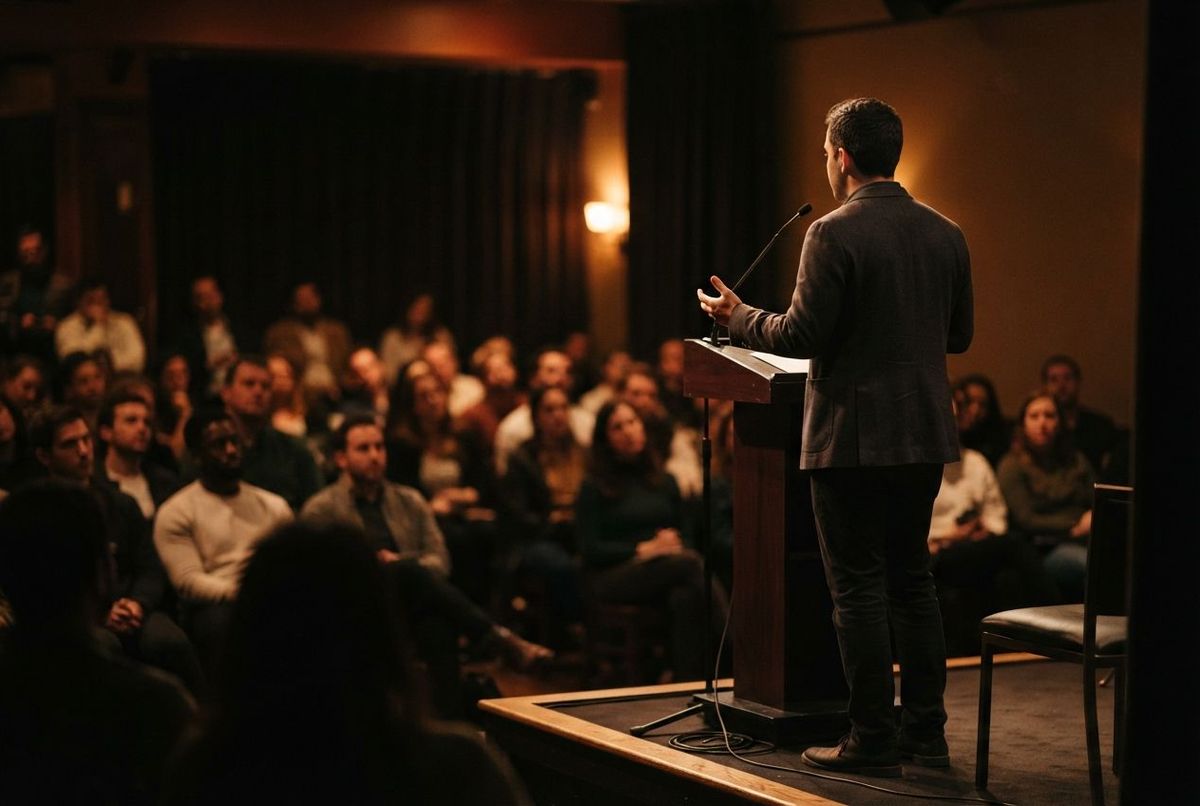A speaker at a lectern addressing a seated audience in a dim room.