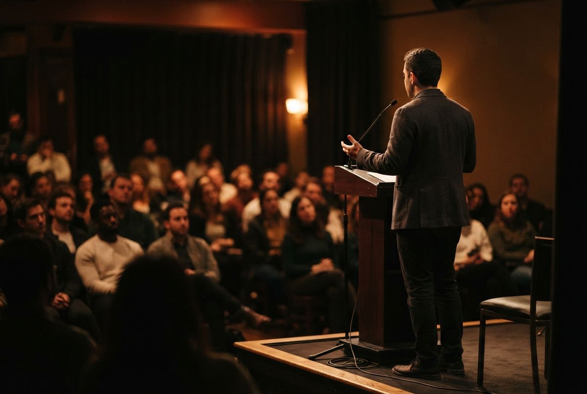 A speaker at a lectern addressing a seated audience in a dim room.