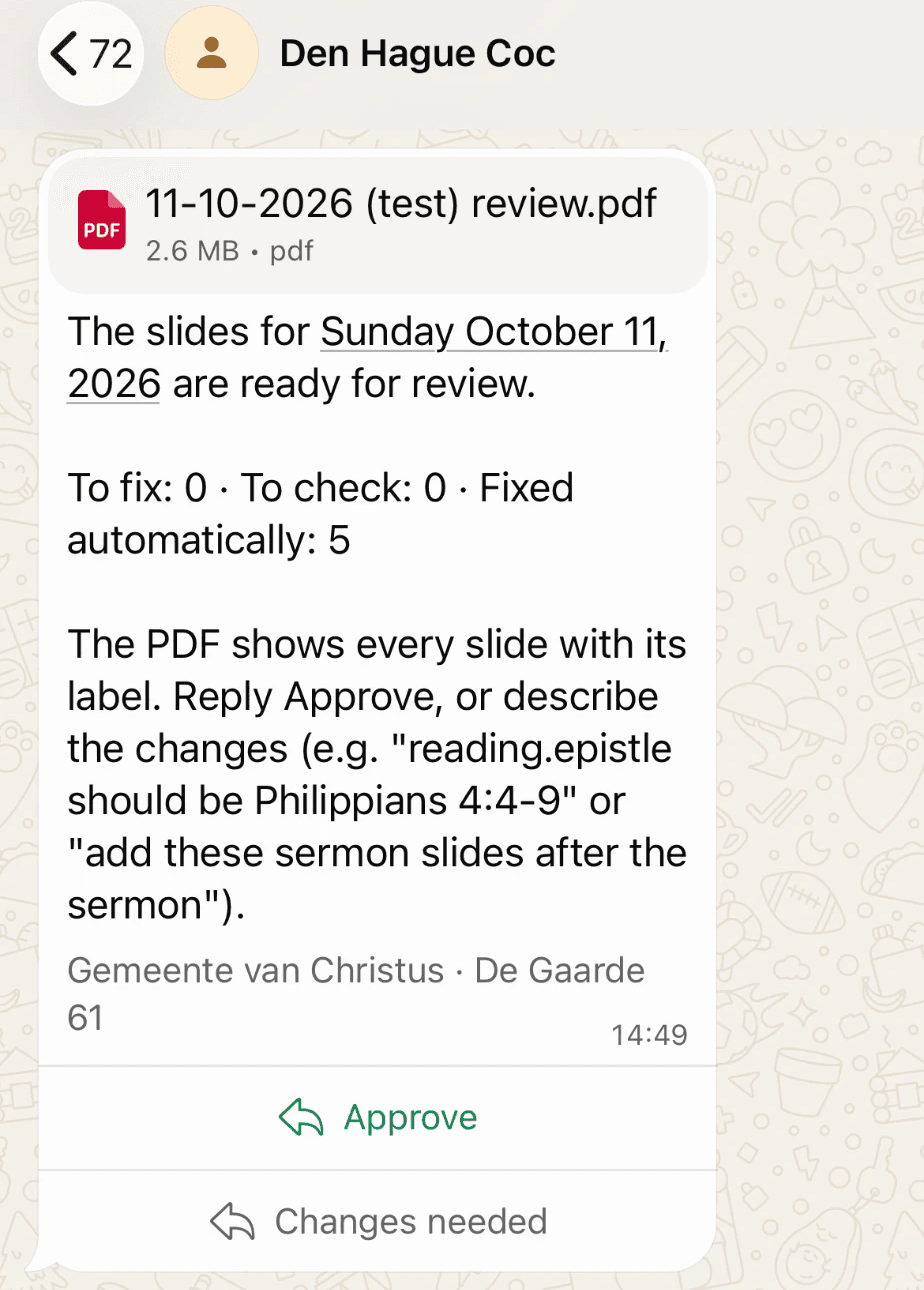 WhatsApp message from the agent: the review PDF for Sunday 11 October with a summary (to fix 0, to check 0, fixed automatically 5) and Approve / Changes needed buttons