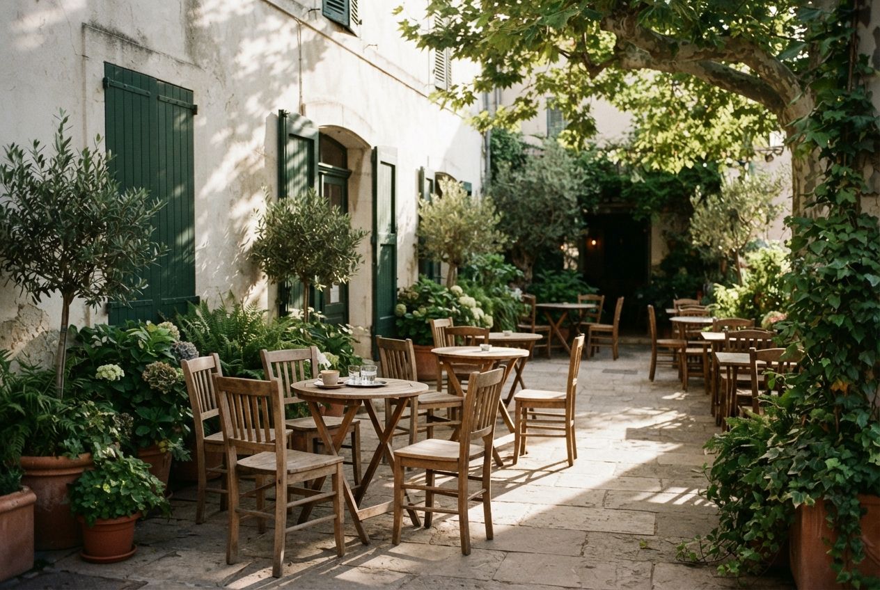 Empty wooden tables and chairs on a leafy courtyard terrace in warm evening light.