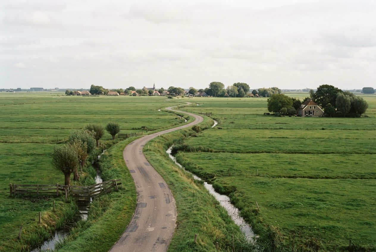 A narrow country road winding through flat green polder towards a village.