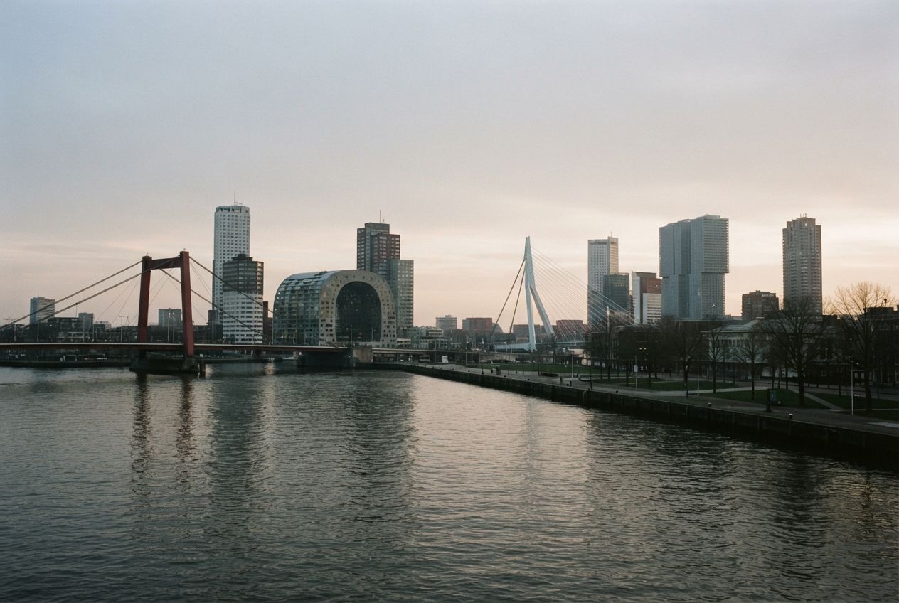 The Rotterdam skyline across the Maas at dawn, with the Erasmus Bridge.