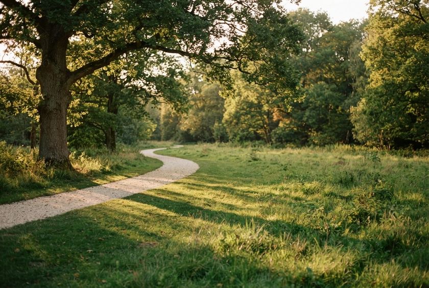 A gravel path curving through a sunlit meadow under large trees.