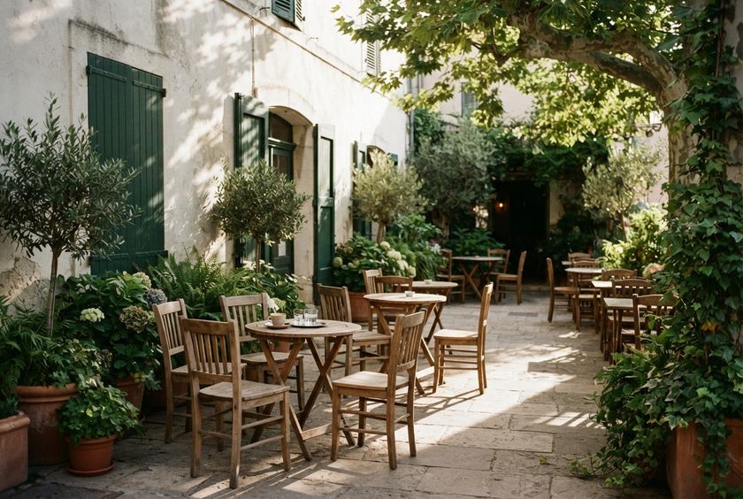 Empty wooden tables and chairs on a leafy courtyard terrace in warm evening light.