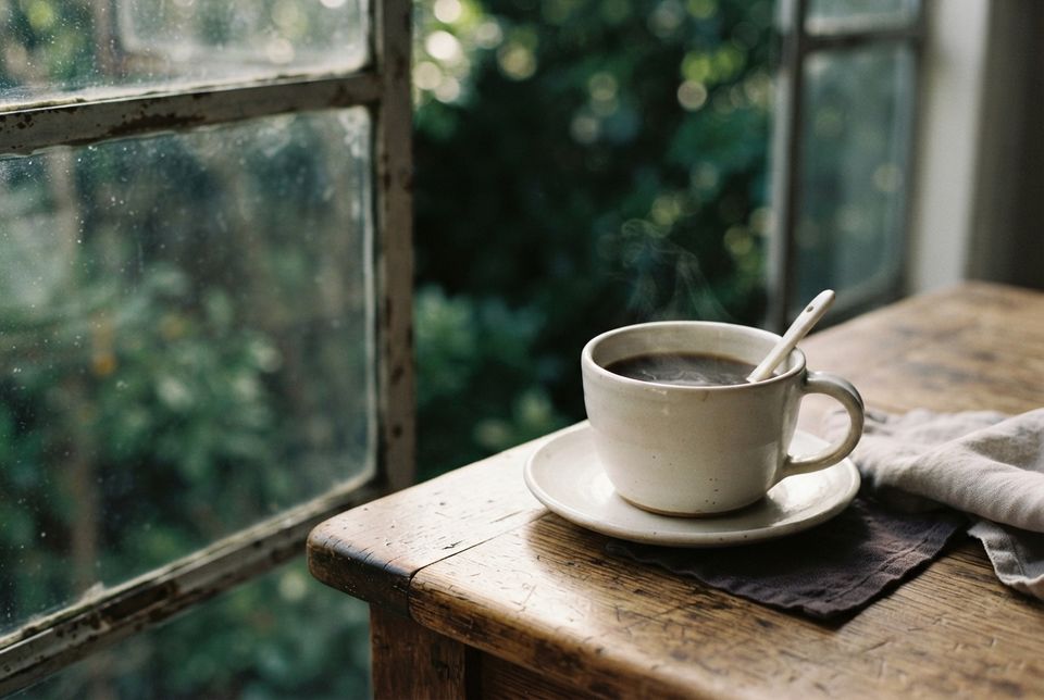 A cup of black coffee on a worn wooden table beside a rain-streaked window.